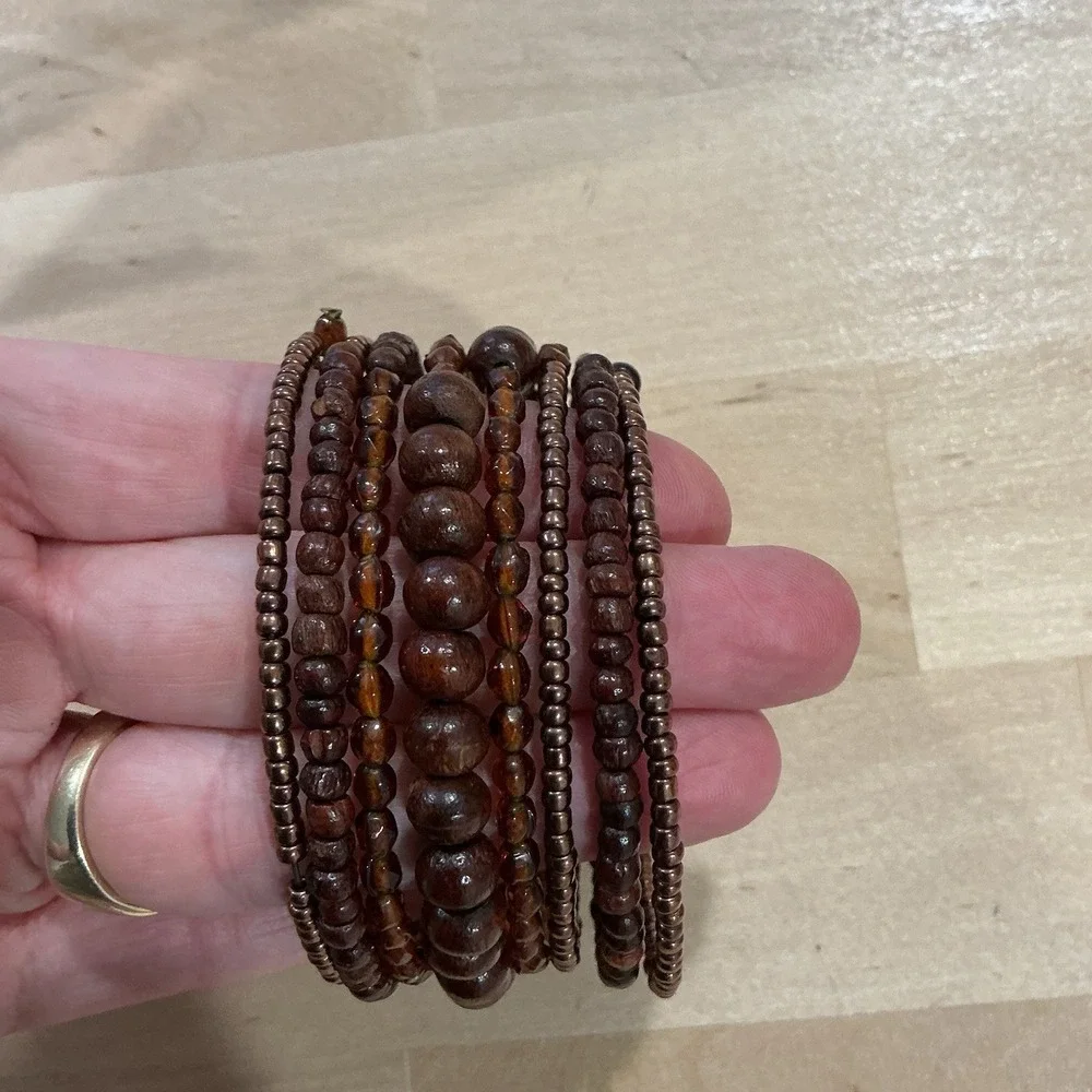 Brown Glass and Wood Bead Memory Wire Tribal Style Wrap Bracelet